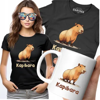 Obraz Dámská sada trička a hrnku S POTISKEM potiskem KAPYBARA , roztomilá čepice se zvířátky