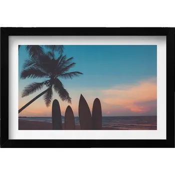 Obraz Ozdobný nástěnný obraz v černém rámu Surfing na tropické pláži 30x20 cm