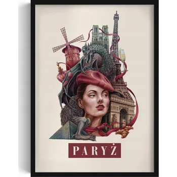 Obraz Grafika v rámu Vintage retro styl Paříž Eiffelova věž Notre Dame 50x70 cm