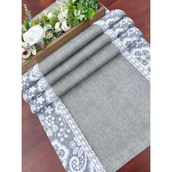 ubrus Běhoun - šedá lemovaná bílou krajkou na šedé