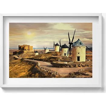 Obraz Dekorativní nástěnný obraz s grafikou v bílém rámu Větrné mlýny Cosuegra 70x50 cm