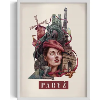 Obraz Grafika v rámu Vintage retro styl Paříž Eiffelova věž Notre Dame 50x70 cm