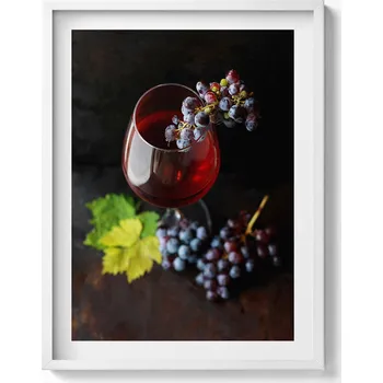 Obraz Obraz v bílém rámu nástěnná dekorace Sklenice vína a hroznové víno 60x80 cm