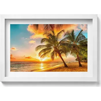 Obraz Obraz na zeď v bílém rámu Palma na pláži při západu slunce 30x20 cm