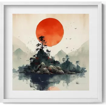Obraz Rámeček s obrazem Japonská ilustrace slunce nad skalami a stromy 50x50 cm