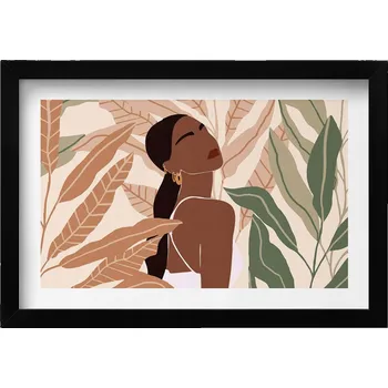 Obraz Obraz v černém rámu Ilustrace ženy mezi listy v boho stylu 30x20 cm