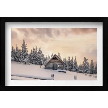 Obraz Nástěnný obraz v rámu - Zimní krajina s horskou chatou při západu slunce, 30x20 cm