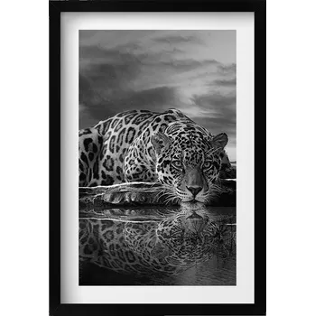 Obraz Stylový obraz v černém rámu Černobílý leopard divoké zvíře 40x60 cm
