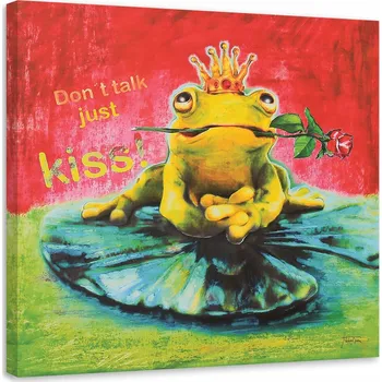 Obraz OBRAZ NA PLÁTNĚ Žába Květina Nápis Kiss 40x40