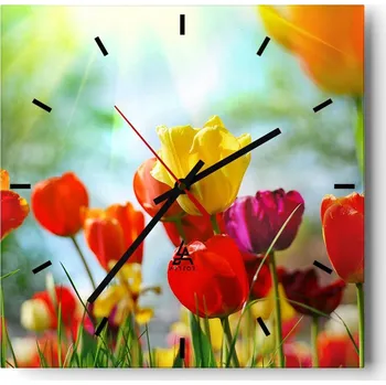 Hodiny Velké nástěnné hodiny 40x40 cm Tulipány Skleněné hodiny Čtvercové Tiché