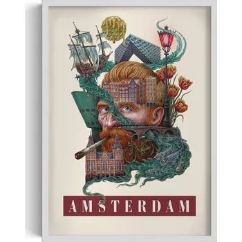 Obraz Dekorativní nástěnný obraz v rámu Vintage retro styl Město Amsterdam 50x70 cm