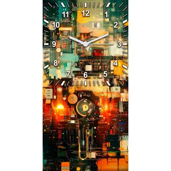 Hodiny Skleněné nástěnné hodiny do obýváku Město technologií 30x60 cm