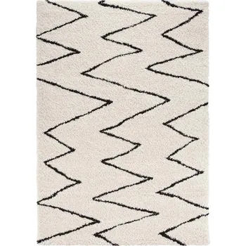 Koberec Krémově černý huňatý koberec shaggy do obýváku, boho vzor, 120x170 cm