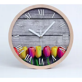 Hodiny Dřevěné nástěnné hodiny tulipány na dřevě, průměr 25 cm