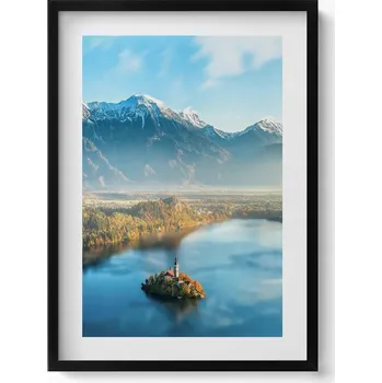 Obraz Závěsný obraz rámeček černé barvy Budova u jezera v horách 50x70 cm