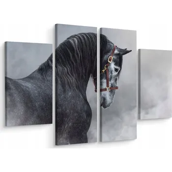 Obraz Černobílý obraz KŮŇ v mlze 3D, 4 díly, 80x60 cm