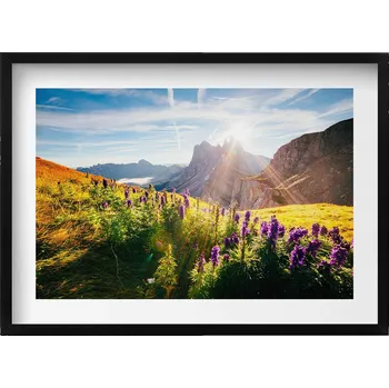 Obraz Ozdobný nástěnný obraz v černém rámu do obýváku Krajina Dolomity 70x50 cm