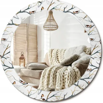 Zrcadlo Nástěnné zrcadlo zdobené grafikou na skle průměr 70 cm Vrabčáci ptáci větve