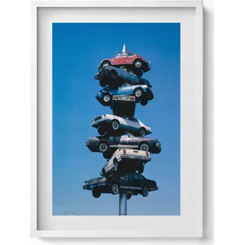 Obraz Dekorace, obraz s grafikou v krásném bílém rámu Auta naskládaná na kůl 50x70 cm