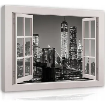 Obraz 3D Obraz OKNO na Plátně Město v Noci Most 80x60 cm