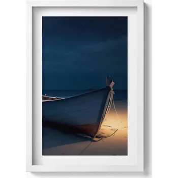 Obraz Elegantní obraz v bílém rámu Loďka na břehu pláže v noci 40x60 cm