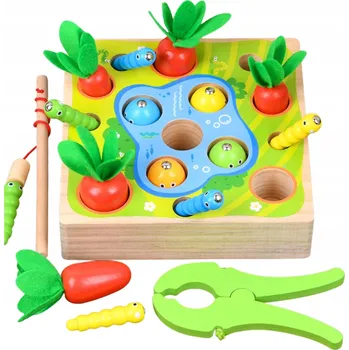 Dřevěná hračka SKLÁDACÍ DŘEVĚNÁ FARMA HRAČKA + RYBÁŘSKÝ PRUT s magnetem a kleštěmi na zeleniny