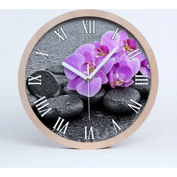 Hodiny Dřevěné nástěnné hodiny orchideje kameny průměr 25 cm