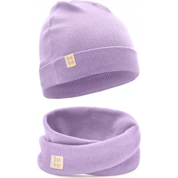Čepice ČEPICE NÁKRČNÍK SET PRO DÍVKU MÓDNÍ BAVLNĚNÝ Fialový 56-60 cm