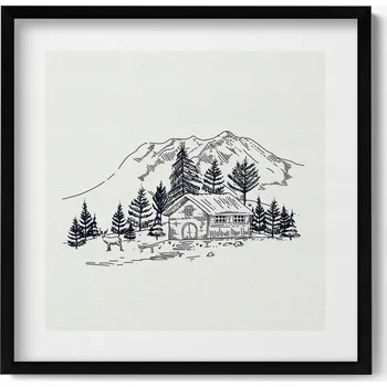Obraz Obraz v černém rámu dekorace na zeď Kresba domek v horách 50x50 cm