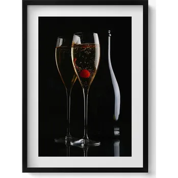Obraz Dekorativní nástěnný obraz s grafikou v černém rámu: Skleničky na šampaňské 50x70 cm