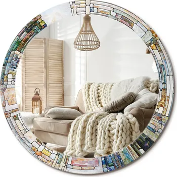 Zrcadlo Kulaté moderní zrcadlo na stěnu s potiskem na skle Loft Vitráž průměr 80 cm