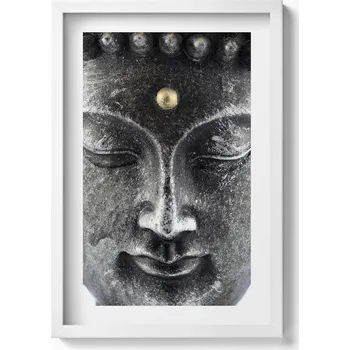 Obraz Dekorativní nástěnný obraz s grafikou v bílém rámu Hlava sošky Buddhy 40x60 cm