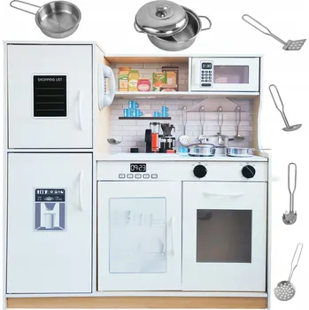 Dětská kuchyňka VELKÁ DŘEVĚNÁ KUCHYŇKA PRO DĚTI SVĚTLO LEDNIČKA TELEFON PŘÍSLUŠENSTVÍ SADA