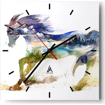 Hodiny Velké nástěnné hodiny na zeď 40x40 Kůň Skleněné hodiny Čtvercové Tiché