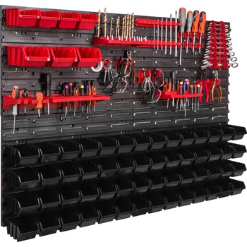 Obraz Dílenská nástěnná deska / panel 115x78 cm, stěna na nářadí, 63 boxů / přihrádek, háky a držáky