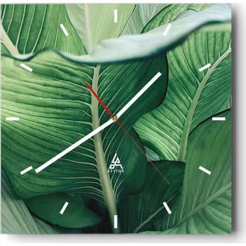 Hodiny Velké nástěnné hodiny na zeď 40x40 Listy Skleněné hodiny Čtvercové Tiché