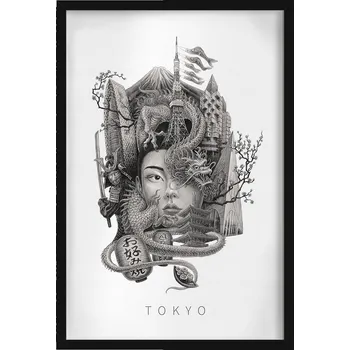 Obraz Ozdobný nástěnný obraz v rámu Černobílý Tokio Drak Višňový květ 40x60 cm