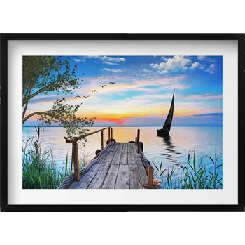 Obraz Dekorativní nástěnný obraz v rámu s grafikou Plachetnice na jezeře 70x50 cm