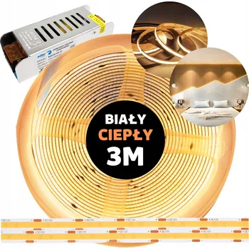 LED páska Taśma LED COB s napájecím zdrojem, teplá bílá, 12V, 3M