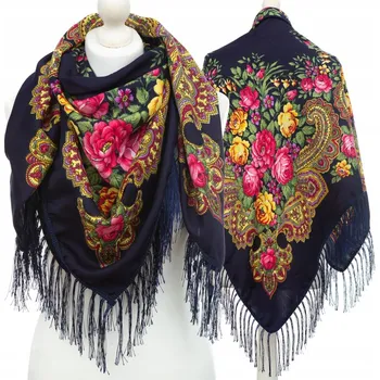 Šála Velký Dámský Folklórní Šátek Šála Lidový Goralský Třásně Etno Květiny