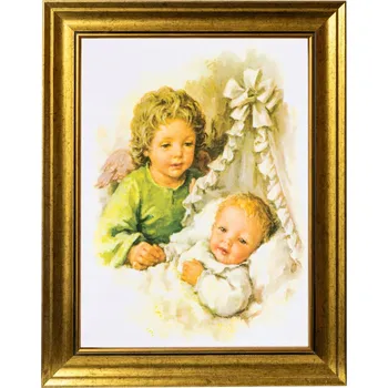 Obraz Anděl strážný | ANDÍLEK | SAKRÁLNÍ OBRAZ VE ZLATÉM ZDOBENÉM RÁMU 30X40