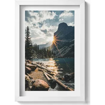 Obraz Závěsný obraz rámeček bílé barvy Horská krajina v slunečních paprscích 20x30 cm