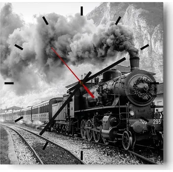 Hodiny Velké nástěnné hodiny na zeď 40x40 Železnice Skleněné hodiny Čtvercové Tiché