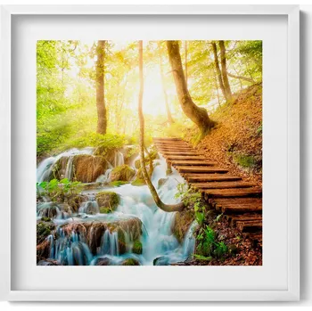 Obraz Obraz v bílém rámu nástěnná dekorace Potok a schody v lese 50x50 cm