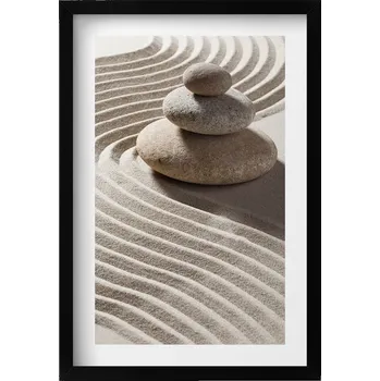 Obraz Obraz s černým rámem a grafikou na zeď: Stoh kamenů na písku zen, 40x60 cm