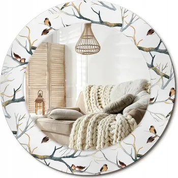 Zrcadlo Nástěnné zrcadlo zdobené grafikou na skle Vrabci ptáci větve fi 50 cm