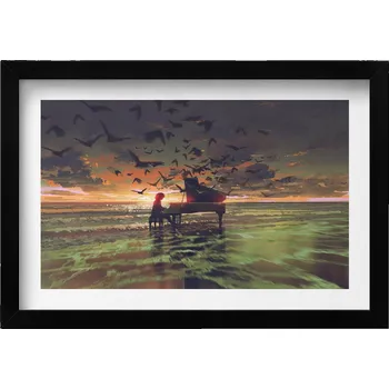 Obraz Dekorativní nástěnný obraz v černém rámu s grafikou Koncert na pláži 30x20 cm