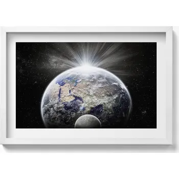 Obraz Dekorativní obraz v bílém rámu do obýváku Pohled na Zemi a Měsíc 60x40 cm