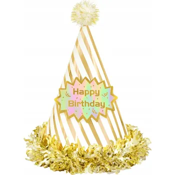 Party dekorace Narozeninová čepička Happy Birthday, bílo-zlaté proužky, 1 ks