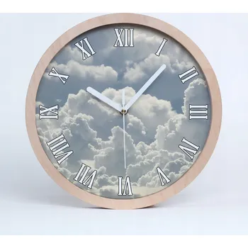 Hodiny Dřevěné nástěnné hodiny kulatý, motiv obláčky, průměr 30 cm